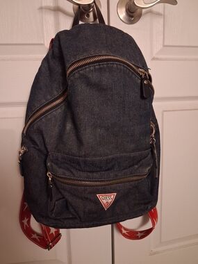 GUESS Denim Backpack in Dark Blue with Red Star-Print Straps